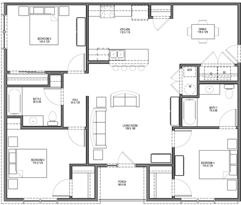 Floor plan for 3 beds, 2 baths, 1400 sqft